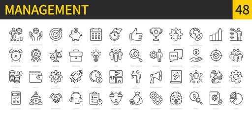 Management icon set. Business, teamwork, money, profit, development, brainstorming, communication, strategy, team, growth, manager, meeting, capital, savings,etc. Vector illustration. Editable stroke.