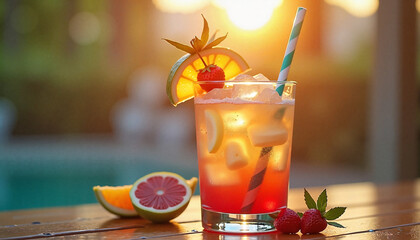 Summer fruit cocktail with refreshing mood served on rustic wooden table at sunset against warm glowing sky