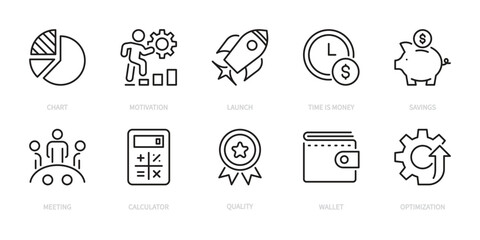 Management line icon set. Chart, motivation, launch, business, time is money, savings, team, meeting, calculator, quality, wallet, optimization, etc. Vector illustration. Editable stroke. Flat design.