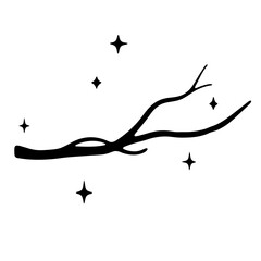 Illustration of a bare branch silhouette surrounded by twinkling stars against a white background space