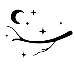Silhouette of a branch with a crescent moon and stars creating a night sky illustration