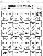 Addition maze puzzle worksheet for children