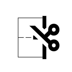 Simple black and white icon representing cutting along a perforated line with scissors for crafting or document separation