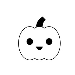 Simple black and white outline drawing of a cute happy kawaii pumpkin face icon perfect for halloween