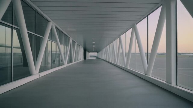 A long, modern airport jet bridge with large glass windows and white structural supports, leading towards a distant opening.