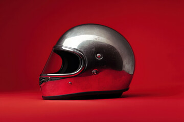 Studio shot of a worn black motorcycle helmet on a red backdrop, emphasizing safety and style
