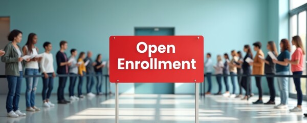 People line up for open enrollment sign. Diverse group waits for registration process in modern building. Opportunity for education, healthcare, or insurance sign up.