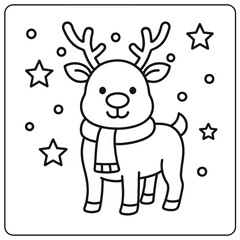A cute reindeer wearing a scarf surrounded by stars and circles in a black and white line drawing