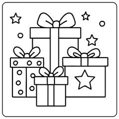 Outline illustration of stacked christmas gifts with bows stars and circles on a white background