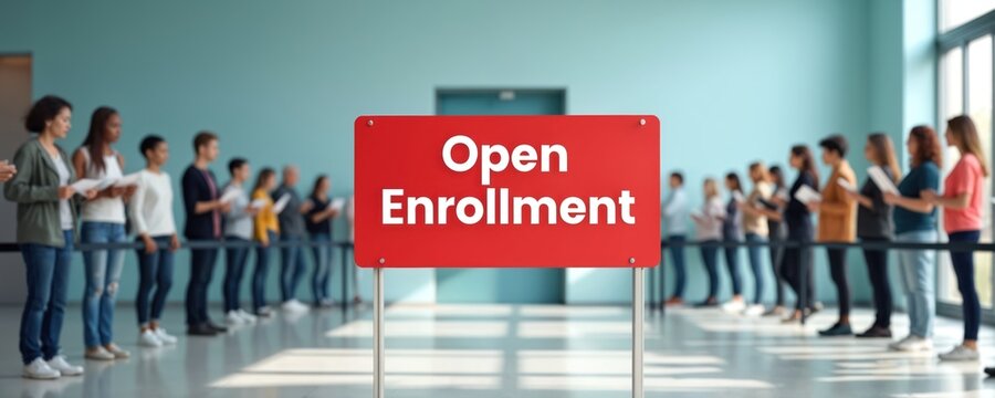 People line up for open enrollment sign. Diverse group waits for registration process in modern building. Opportunity for education, healthcare, or insurance sign up.