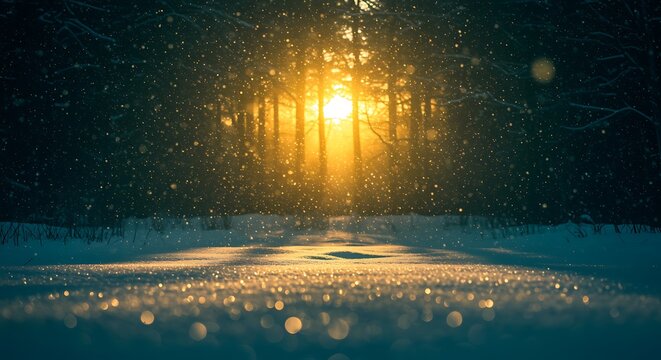 Golden sunlight streaming through a snowy forest during a winter day - Powered by Adobe