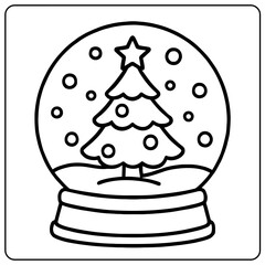 A simple line drawing of a christmas tree inside a snow globe with snow and a stand in a square frame
