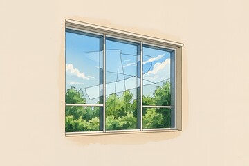 Obraz premium Window view with blue sky and green trees in peaceful setting 