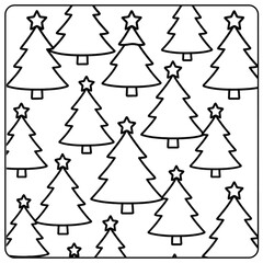 A pattern of christmas trees with stars on top in a square frame black and white outline style design