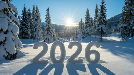 2026 numbers made of snow in a winter forest landscape