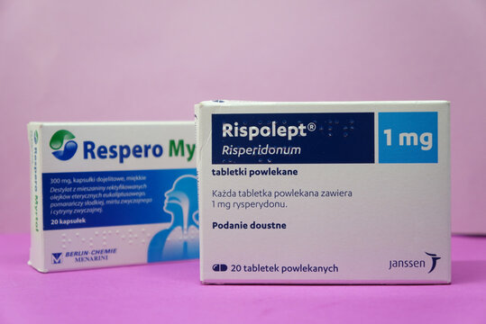 Rispolept and Respero Myrtol medication boxes on a pink background