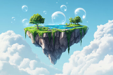 Naklejka premium Lush green floating island with trees and soap bubbles illustrates surreal dreamlike magical fantasy world