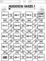 Addition maze puzzle worksheet for children