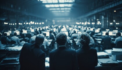 Managers overlooking massive busy open-plan office floor.