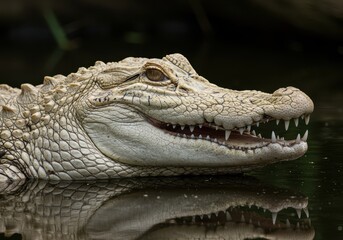 Obraz premium Close up profile shot of a large, rare, white alligator resting in shallow water, showing its powerful jaw and textured scales, reptile, alligator, scales