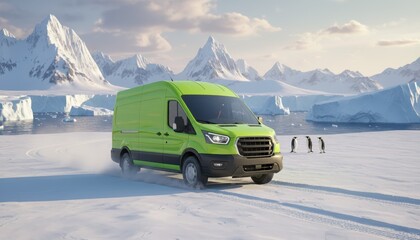 Green delivery van driving on arctic ice.