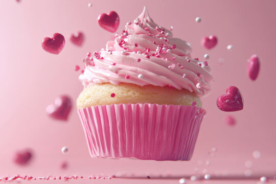Delicious pink cupcake making a splash in a sweet pink liquid, creating a vibrant and tempting visual