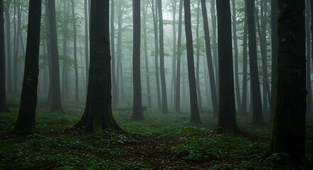 Fototapeta premium Mystical Forest Landscape with Tall Trees and Dense Fog Scenery