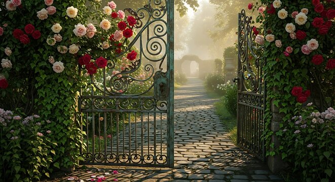 Antique wooden door in an old red brick church wall with decorative stone architecture and an ancient window - Powered by Adobe