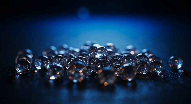 Shining decorative glass balls or gems in a blue backdrop - Powered by Adobe