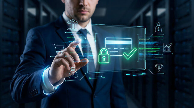 Secure Digital Payment Transaction Technology with Businessman Interaction, Payment Security, Digital Holographic Security 