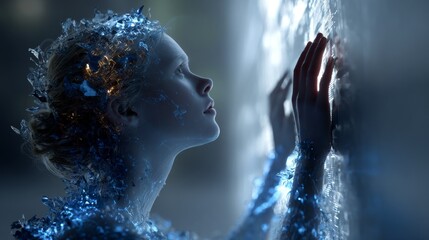 Fototapeta premium Cinematic profile of woman turning into blue crystals.