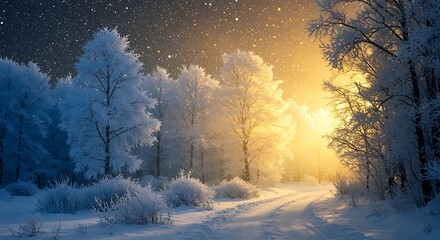 Snowy winter forest at night with stars and bright sunrise light