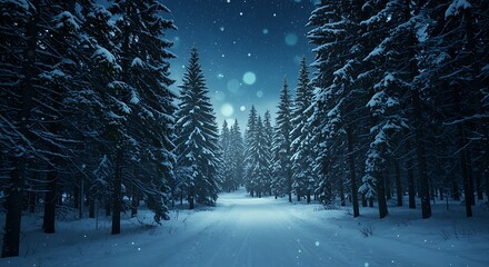 Snowy winter wonderland pathway through forest with tall fir trees