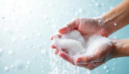 Fototapeta premium Human hands hold white soap foam in open palms. Water splashes, drops fall around clean skin. Personal cleanliness, daily hygiene routine importance. Represents essential self-care, germ prevention,