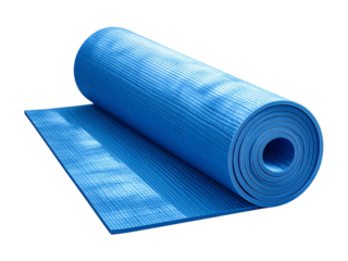 Blue yoga exercise mat partially unrolled, fitness equipment.