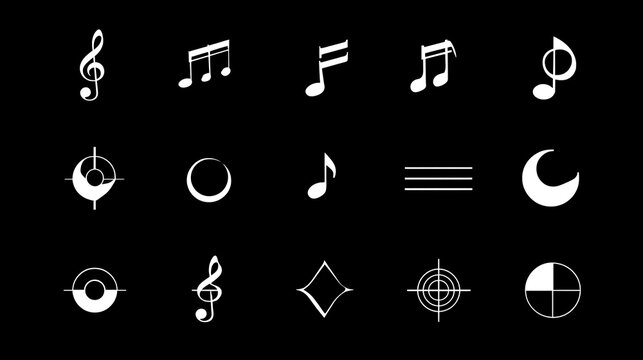 Assorted musical notes, target symbols, geometric shapes for creative design projects, ideal for music themes and modern minimalist designs, versatile elements