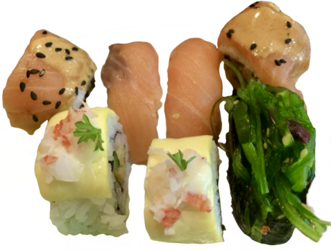 isolated mixed sushi rolls with shrimp roe, egg, cheese and salmon seaweed with mayonnaise on top, mixed sushi set, isolated on white background, Thai Style sushi,  cheese sushi rolls 