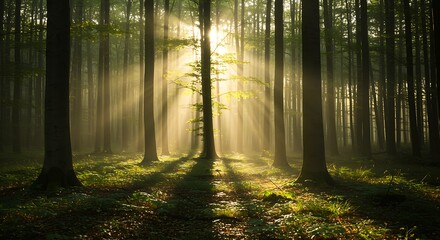 Obraz premium Sunlight filters through the dense forest creating a mystical ambiance