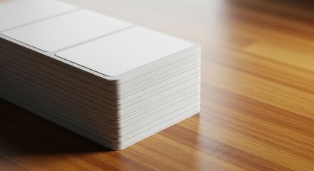 A close-up view of blank adhesive labels stacked neatly on a wooden desktop surface, ready for efficient office filing and identification needs, stationery, structure, utility