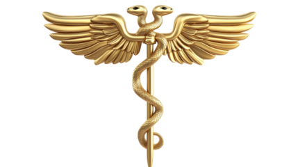 Golden Caduceus Symbol with Snakes and Wings isolated on a transparent background