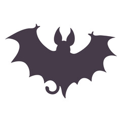 Silhouette of a bat with its wings spread wide and a curled tail on a white background in a simple style
