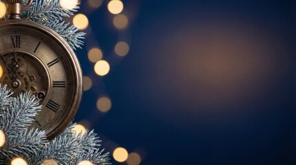 Old gold clock with Roman numerals near midnight with snowy fir branches. Festive New Year eve atmosphere with bokeh lights. Perfect for holiday greeting cards and banners.