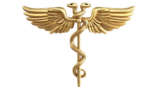 Golden Caduceus Symbol with Snakes and Wings isolated on a transparent background