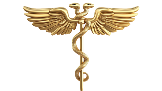 Golden Caduceus Symbol with Snakes and Wings isolated on a transparent background
