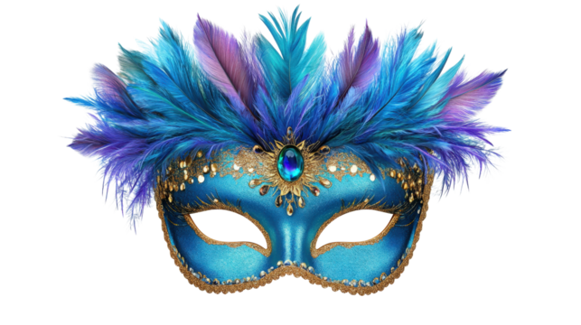 Ornate Teal Masquerade Mask with Feathers isolated on a transparent background