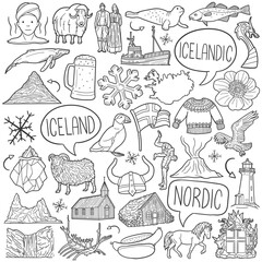 Iceland Doodle Icon Set Hand Drawn Country Symbols.