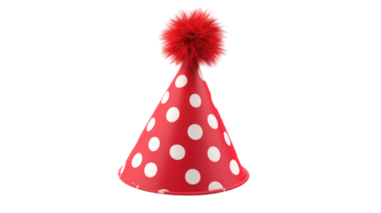 Red polka dot party hat with pompom isolated on a transparent background