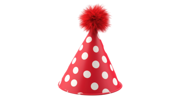 Red polka dot party hat with pompom isolated on a transparent background - Powered by Adobe