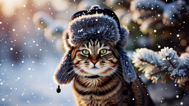 A cat wearing a hat and looking at the camera in the snow covered forest