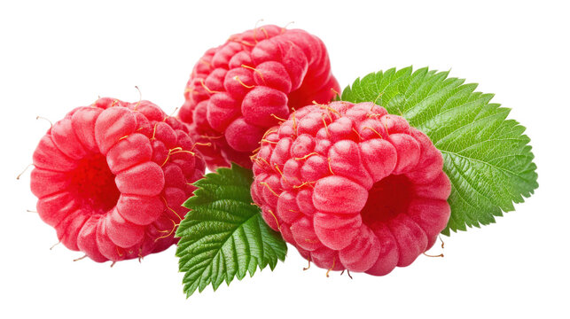 Ripe raspberries with green leaves isolated on a transparent background - Powered by Adobe